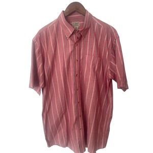 LL Bean Mens Large Tall Red Striped Short Sleeve Button Down Shirt 100% Cotton